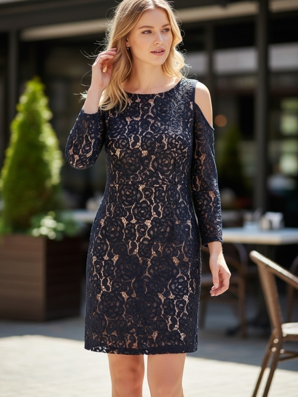 Adrianna Papell Black Lace Cold-Shoulder Midi Dress